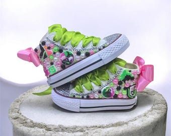 Toddler girl Kids bling pearl custom Green & Pink Witchy Themed Custom Sneakers customized name Birthday Shoes- 1st Birthday Magical Musical