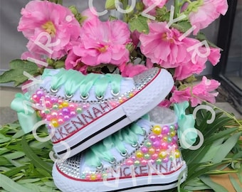 Custom blinged Toddler girl Kids pearl 2nd Birthday 3rd birthday Shoes - customized name Birthday Shoes- 1st Birthday Shoes - canvas sneaker