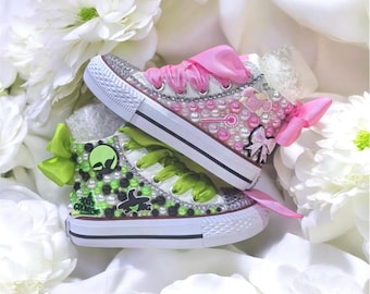 Toddler girl Kids bling pearl custom Green & Pink Witchy Themed Custom Sneakers customized name Birthday Shoes- 1st Birthday Magical Musical
