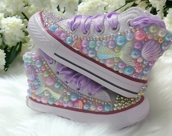 Petite fille bling perle chaussures sirène - chaussures prénom personnalisées chaussures d'anniversaire - chaussures 1er anniversaire - anniversaire thème sirène -
