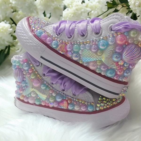 Toddler girl Kids bling pearl little Mermaid Shoes - customized name shoes Birthday Shoes- 1st Birthday Shoes - mermaid theme birthday -