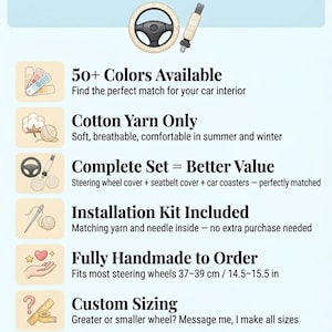 Image promoting a car interior set. The text highlights features like 50+ colors, cotton yarn, a complete set, an installation kit, and custom sizing. The set fits steering wheels 14.5-15.5 inches.