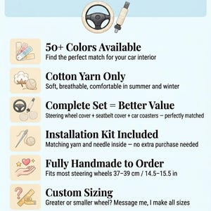 Puede incluir: Imagen promocional de un juego interior para coche. El texto destaca 50+ colores, hilo de algod&oacute;n, un juego completo, un kit de instalaci&oacute;n y tallas personalizadas. El juego se adapta a volantes de 37-39 cm.