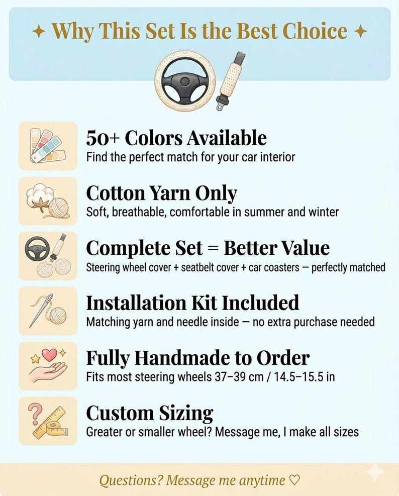 Puede incluir: Imagen promocional de un juego interior para coche. El texto destaca 50+ colores, hilo de algod&oacute;n, un juego completo, un kit de instalaci&oacute;n y tallas personalizadas. El juego se adapta a volantes de 37-39 cm.