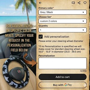 May include: A custom steering wheel cover in grey and black, with a custom two-color design. The image shows a cover on a steering wheel, with text indicating personalization options and standard sizes of 14.0" - 15.5" (35.5 - 39.5 cm).