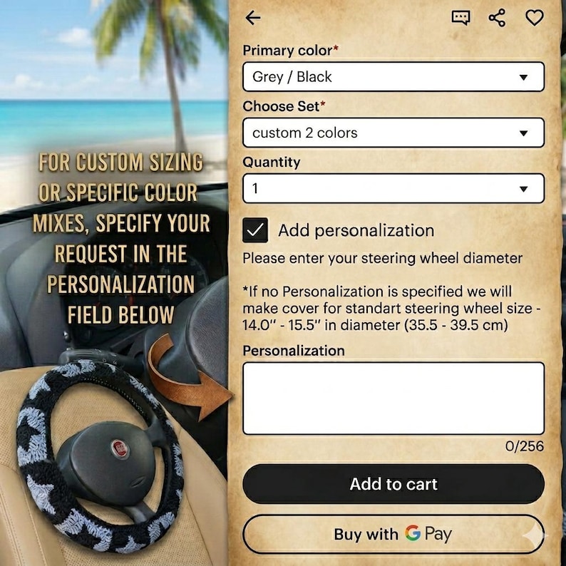 May include: A custom steering wheel cover in grey and black, with a custom two-color design. The image shows a cover on a steering wheel, with text indicating personalization options and standard sizes of 14.0" - 15.5" (35.5 - 39.5 cm).