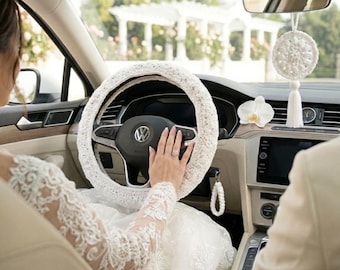 Ensemble d'accessoires de voiture de mariage scintillant, couvre-volant de mariée bohème avec breloque et porte-clés de poignet, cadeau de jeune mariée en ivoire blanc