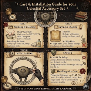 May include: Illustrated care and installation guide for a celestial accessory set. The guide includes instructions for washing, drying, installation, and safety. The text includes "Hand Wash Only", "Dry Flat", and "Secure Fit for Safety".