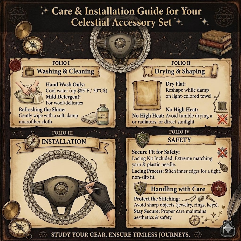 May include: Illustrated care and installation guide for a celestial accessory set. The guide includes instructions for washing, drying, installation, and safety. The text includes "Hand Wash Only", "Dry Flat", and "Secure Fit for Safety".
