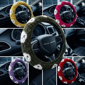 May include: A collection of crochet steering wheel covers in various colors, including yellow, pink, green, purple, and red. Each cover features a white skull pattern. The covers are shown installed on a car's steering wheel.