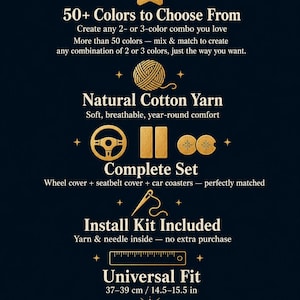 May include: Dark blue graphic with gold text and illustrations promoting a car accessories set. Features include 50+ color options, natural cotton yarn, a complete set, and a universal fit of 14.5-15.5 inches.
