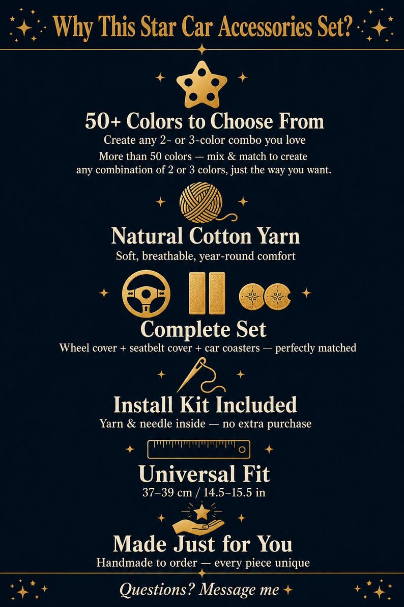 May include: Dark blue graphic with gold text and illustrations promoting a car accessories set. Features include 50+ color options, natural cotton yarn, a complete set, and a universal fit of 14.5-15.5 inches.