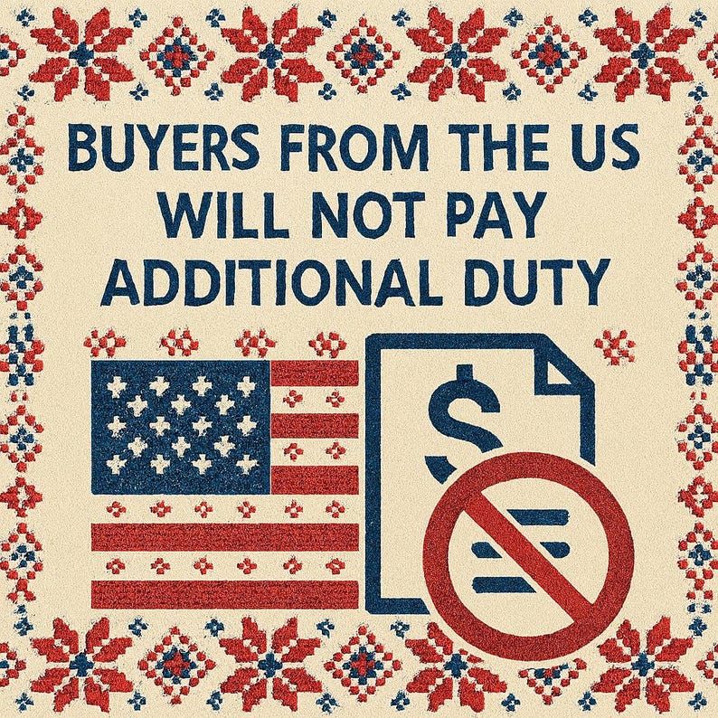 May include: Image with text stating "BUYERS FROM THE US WILL NOT PAY ADDITIONAL DUTY." Features a US flag, a document with a dollar sign, and a red "no" symbol. The design includes a decorative border with red, white, and blue floral patterns.