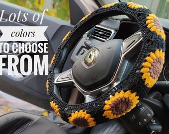 Aesthetic Sunflower Steering Wheel Cover for Women, Boho Car Accessories for Cottagecore Car Decor,Handmade Floral Car Interior Gift for Her