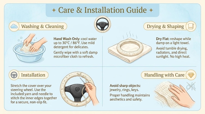 A care and installation guide for a steering wheel cover. The guide includes instructions for washing, drying, installation, and handling. The text advises hand washing in cool water up to 86°F, reshaping while damp, and avoiding sharp objects.