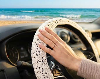 Aesthetic Ivory Steering Wheel Cover - Cottagecore Car Accessories for Women, Boho Car Decor-Anniversary Gift for Girlfriend Wife Mom Sister