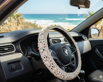 Cottagecore Car Accessories for Women- Ivory Steering Wheel Cover Boho Car Interior, Aesthetic Car Decor-Gift for Girlfriend Wife Mom Sister