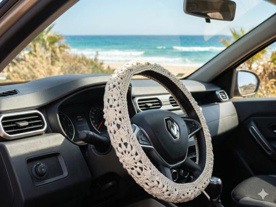Cottagecore Car Accessories for Women- Ivory Steering Wheel Cover Boho Car Interior, Aesthetic Car Decor-Gift for Girlfriend Wife Mom Sister