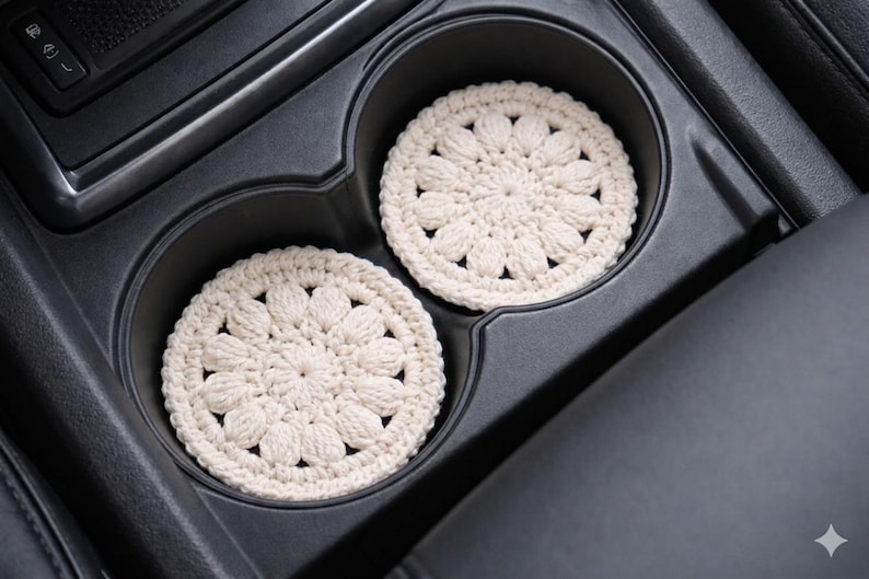 Two cream-colored, crocheted coasters with a floral design sit in a car's cup holders. The coasters are round and made of a textured yarn. The cup holders are black, and the car's interior is visible in the background.
