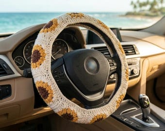 Cottagecore Car Accessories for Women- Sunflower Steering Wheel Cover Boho Car Decor, Aesthetic Car Interior Gift for Girlfriend Wife Sister
