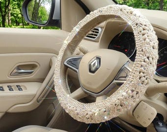 Sparkly crochet steering wheel cover set, gift for her car accessories, boho floral ivory cottagecore car decor