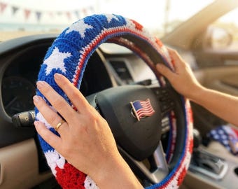 Patriotic USA Steering Wheel Cover for America 250 merchandise, Car Accessories 4th of July, Handmade Car Interior Decor on Independence Day