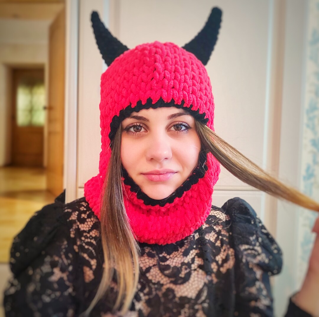 Balaclava Knit Devil Horns Balaclava With Ears Ski Mask Full Etsy