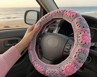 Cottagecore Pink Car Accessories for Girls, Steering Wheel Cover for Women, Boho Car Decor, New Driver Gift for Girlfriend Wife Mom Sister