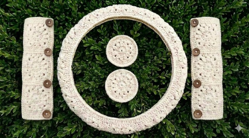 A cream-colored crochet steering wheel cover, two armrest covers, and two matching coasters. The armrest covers have wooden buttons. The set is displayed on a bed of green foliage.