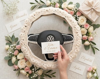 Sparkly wedding car accessories set, boho bridal steering wheel cover with charm & wristlet keychain, white ivory bride to be newlywed gift