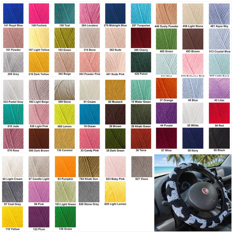 May include: A color chart displaying a wide array of yarn colors, each labeled with a number and name. The chart includes shades of blue, pink, green, yellow, and more. A crocheted steering wheel cover with a star pattern is in the bottom right.