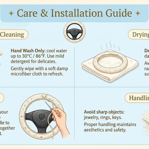 Puede incluir: Gu&iacute;a ilustrada de cuidado e instalaci&oacute;n para una funda de volante. Las instrucciones incluyen lavado, secado, instalaci&oacute;n y manipulaci&oacute;n. El texto aconseja lavar a mano con agua fr&iacute;a (hasta 30&deg;C), remodelar en h&uacute;medo y evitar objetos afilados.