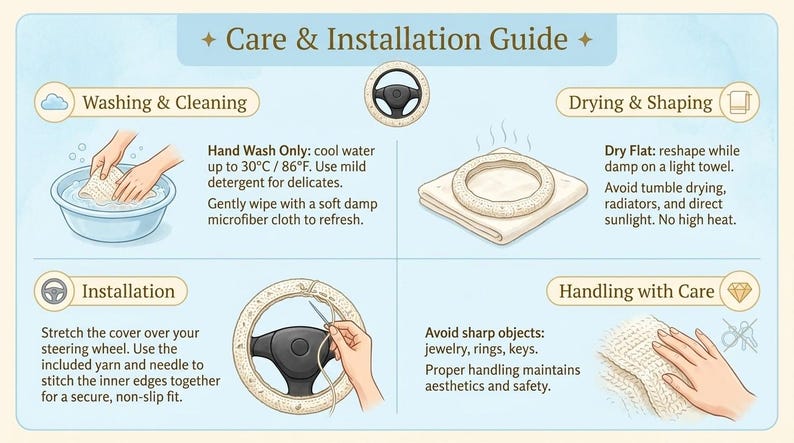 Puede incluir: Gu&iacute;a ilustrada de cuidado e instalaci&oacute;n para una funda de volante. Las instrucciones incluyen lavado, secado, instalaci&oacute;n y manipulaci&oacute;n. El texto aconseja lavar a mano con agua fr&iacute;a (hasta 30&deg;C), remodelar en h&uacute;medo y evitar objetos afilados.