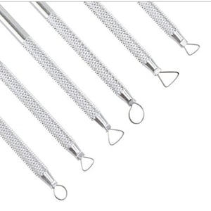 May include: Set of five silver sculpting tools with different shaped tips. The tools have a textured handle and are used for shaping clay.