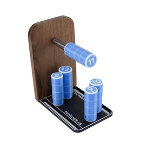 May include: A wooden stand with a black base featuring the text cooltools.us. It includes a horizontal metal rod holding a blue cylindrical component marked with the number 11, and three vertical blue cylinders on the base marked 8, 12, 9, and 10.