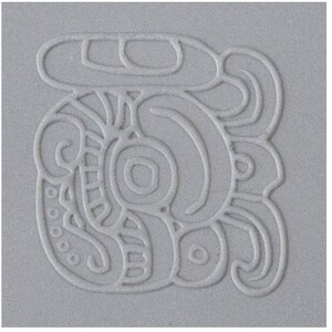 May include: A gray, embossed, decorative tile with a stylized design of a circular pattern with a central circle and a curved shape at the top.