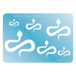 May include: A blue template sheet with the text "jewelry shape template: coiling snake" and five white snake shapes. The text "tmp 880" is in the bottom left corner and "cooltools.us" is in the bottom right corner.
