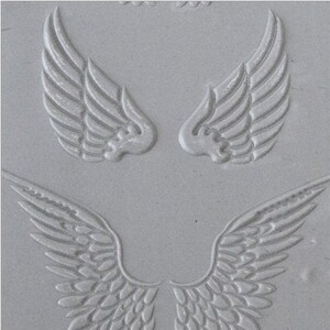 May include: Three sets of angel wings embossed in a gray surface. The wings are detailed with intricate lines and curves.