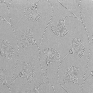 May include: A white textured background with a repeating pattern of stylized fan shapes. The fan shapes are outlined in a thin white line and are arranged in a diagonal pattern.