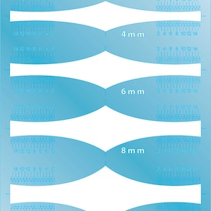 Puede incluir: Una plantilla azul para la forma de joyas con diseños de vástagos de anillos, escudo cónico y medidas en milímetros. La plantilla incluye tamaños de 4 mm, 6 mm, 8 mm y 10 mm, con el texto "cooltools.us".