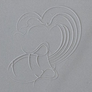 May include: A gray embossed design of a wave crashing on a beach. The wave is stylized with a series of curved lines.