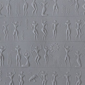 May include: A gray stone relief carving depicting a series of figures in a repeating pattern. The figures are stylized and appear to be dancing or performing a ritual. The carving is likely from an ancient civilization.