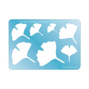 May include: A blue template sheet with the text "jewelry shape template: ginkgo leaves" and outlines of various ginkgo leaf shapes. The text "tmp 259" is in the bottom left corner and "cooltools.us" is in the bottom right corner.