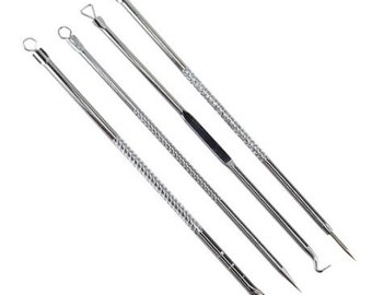 May include: Set of four stainless steel acne tools with different tip shapes, including a loop, a pointed tip, and a rounded tip.