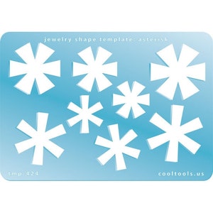 May include: A blue template sheet with the text "jewelry shape template: asterisk" at the top. The sheet contains eight white asterisk shapes.