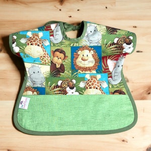 Toddler Bib - Personalized Bib - Cotton Toddler Reversible Bib - Zoo Animals Apron Bib - Craft Bib w/Pocket - Unisex Bib - Toddler Gift