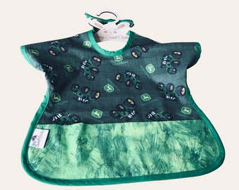 Toddler Bib - Personalized Bib - Cotton Toddler Bib - Toddler Tractor Reversible  Bib / Craft Bib w/Pocket / Boy Bib