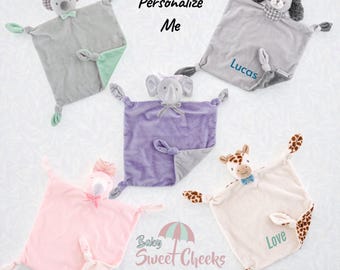 Personalized Baby Lovey, Knotted Minky Comfort Blanket with Animal Heads
