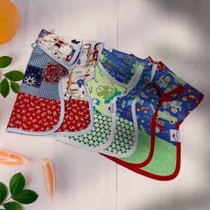 Toddler Bibs - Reversible Bib - Cotton Toddler Bib - Frogs / Farmer / Firetruck Bibs / Reversible Apron Bib / Craft Bib w/Pocket / Boy Bib