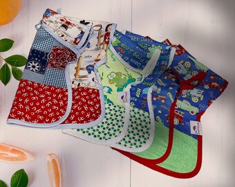 Toddler Bibs - Reversible Bib - Cotton Toddler Bib - Frogs / Farmer / Firetruck Bibs / Reversible Apron Bib / Craft Bib w/Pocket / Boy Bib